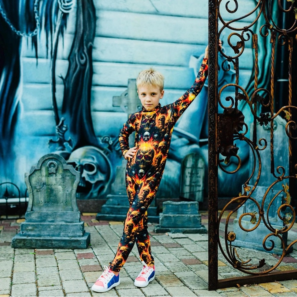 Bots Halloween costume, skull monster jumpsuit